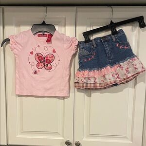 Pink Butterfly Top and Denim Skirt Set